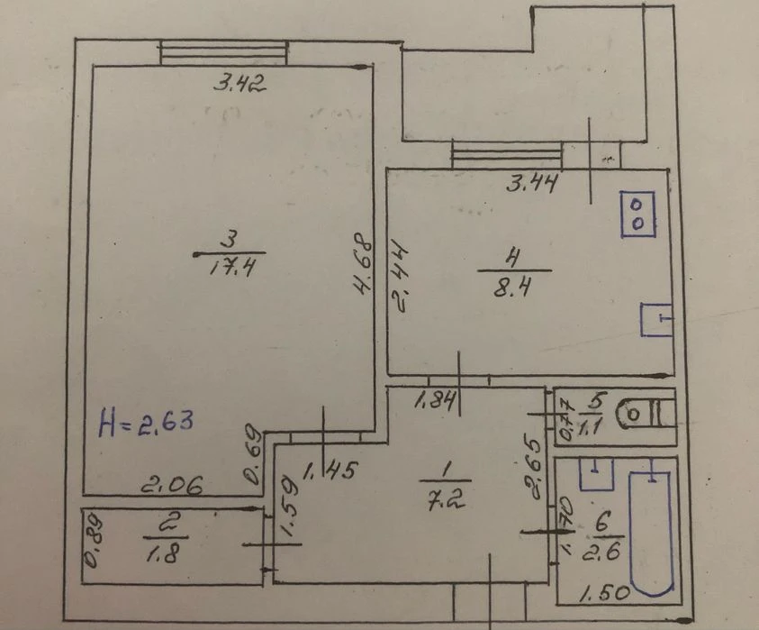 1-room apartment with improved layout