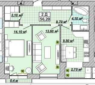 ДЕШЕВО! 2-ком квартира 56,5м² ЖК Княгинин | 42 000$