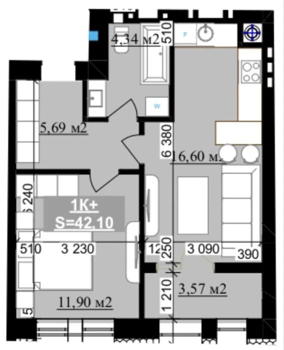 1к квартира 42м² біля ОЗЕРА! ЖК Millennium, кухня-студія, Си