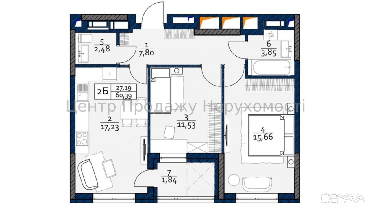 2-room apartment, 60.39 sq.m.