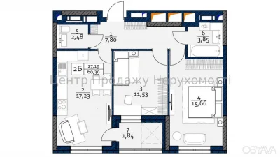 2-room apartment, 60.39 sq.m.