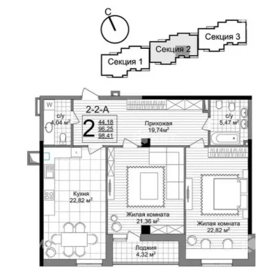 2 rooms 103m2 Luxemburg residential complex Built house, Center (Science Park Gorky