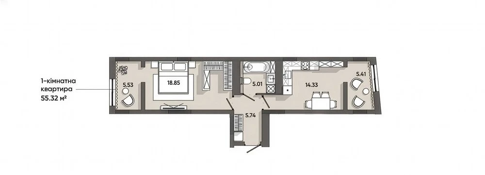 1-комнатная квартира 55,3 м² в ЖК ORLAN RESIDENTS.