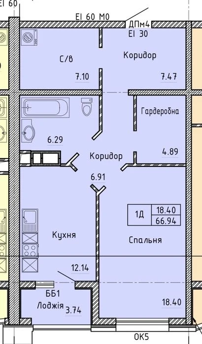 1-комнатная 66,5 м² возле парка Победы и Аркадии.