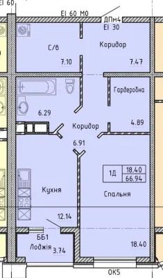 1-комнатная 66,5 м² возле парка Победы и Аркадии.