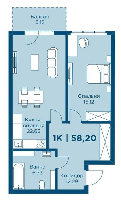 Простора 1к квартира з кухнею вітальнею та виходом на балкон