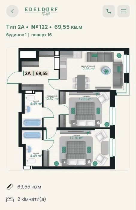 2-room apartment - 69 square meters. m residential complex Edeldorf Hills - Edeldorf Hills | Ba