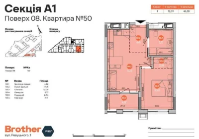 1-room 46 m² with a large kitchen and wardrobe - Brother residential complex