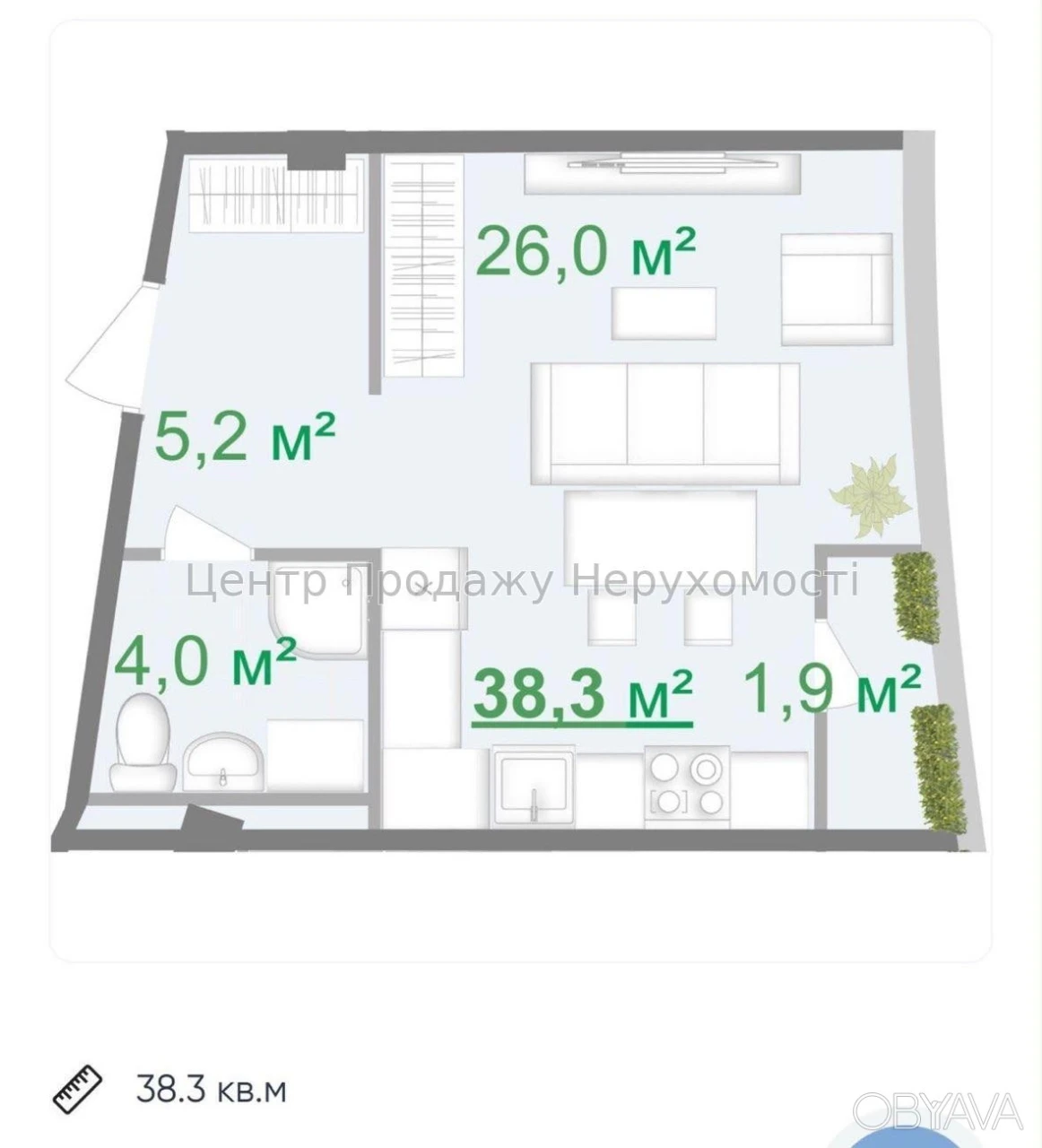 1-room apartment, 38.3 sq.m.