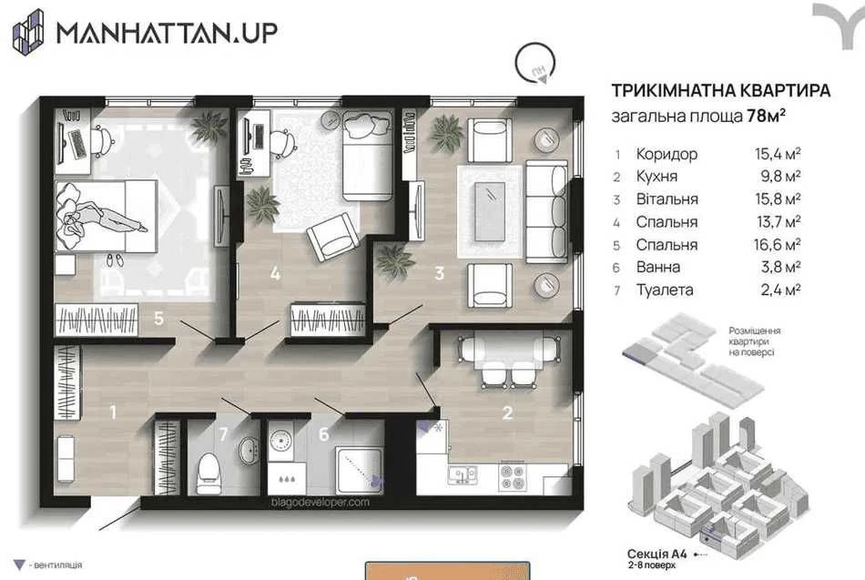 Видова 3 кімнатна квартира в ЖК Manhattan