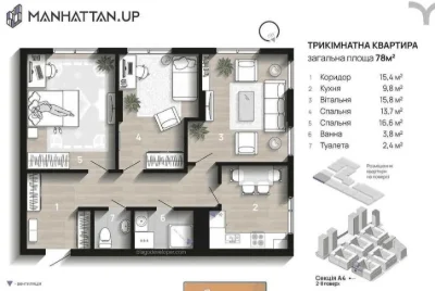 Видова 3 кімнатна квартира в ЖК Manhattan