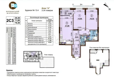 Эксклюзив, 77м2, Продажа 2-комнатной квартиры ЖК Варшавский