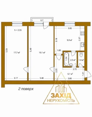 Двокімнатна Центр біля ВНУ, 2 поверх, 57,4 м²