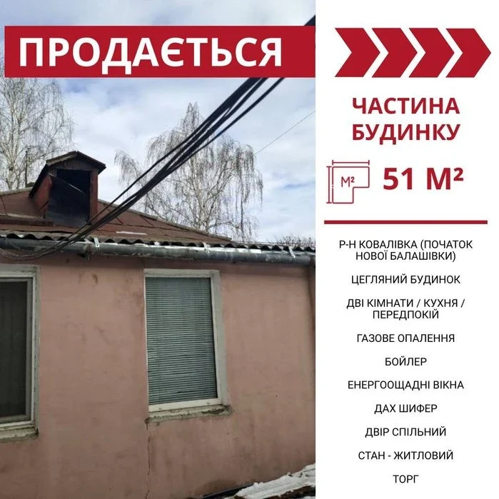 Продається 2-к частина будинку в Кропивницькому, р-н Ковалів