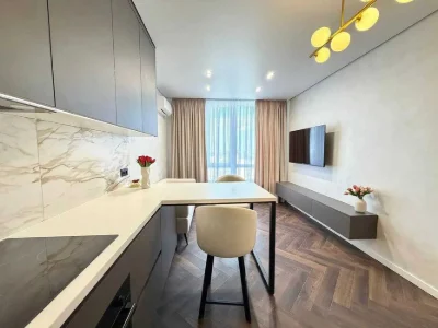 Modern one-room apartment with a beautiful view near the lake