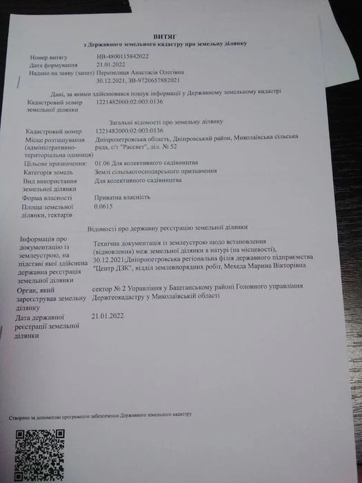 Участок/Ділянка с/т Рассвет 6 соток