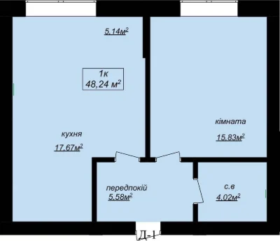 Квартира 48м2, кухня-студія, 1-3 поверх