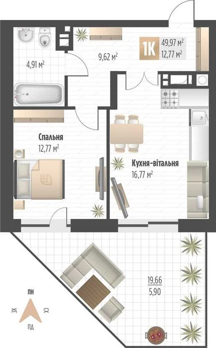 Продаж 1 кім. квартири SOUL PARK вул П. Орлика 49.97 кв.м Бе