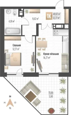 Продаж 1 кім. квартири SOUL PARK вул П. Орлика 49.97 кв.м Бе