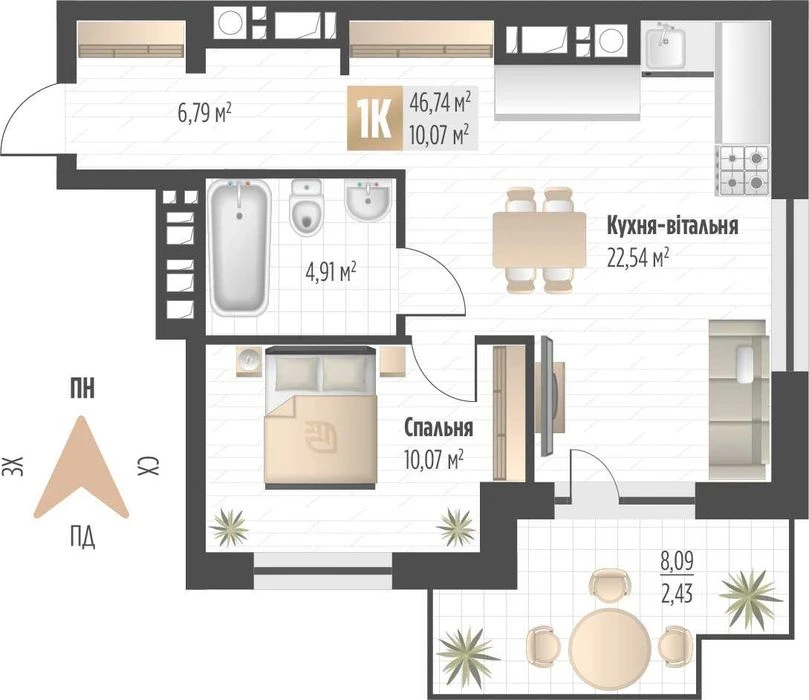 Продаж 1 кім. квартири SOUL PARK вул П. Орлика 46.74 кв.м