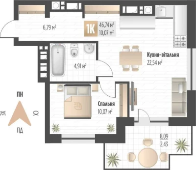 Продаж 1 кім. квартири SOUL PARK вул П. Орлика 46.74 кв.м