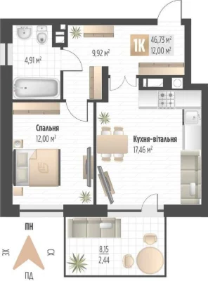 Продаж 1 кім. квартири SOUL PARK вул П. Орлика 46.73 кв.м Бе