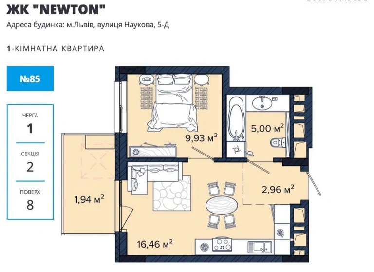 Продаж 1-к квартири в ЖК Newton, вул. Наукова, Львів