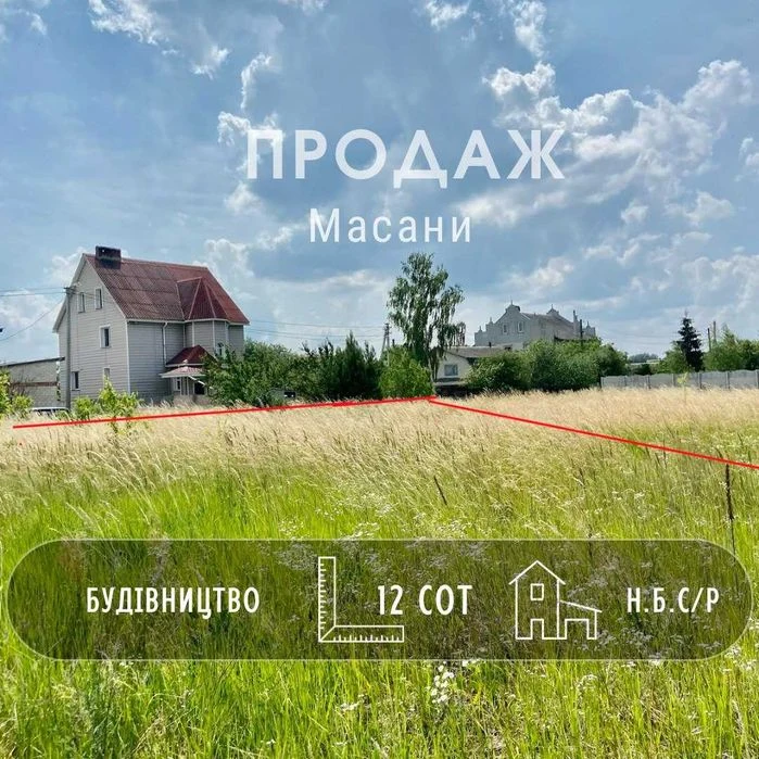 Продаж ділянки 12сот під забудову, Масани. Житлова вулиця! A