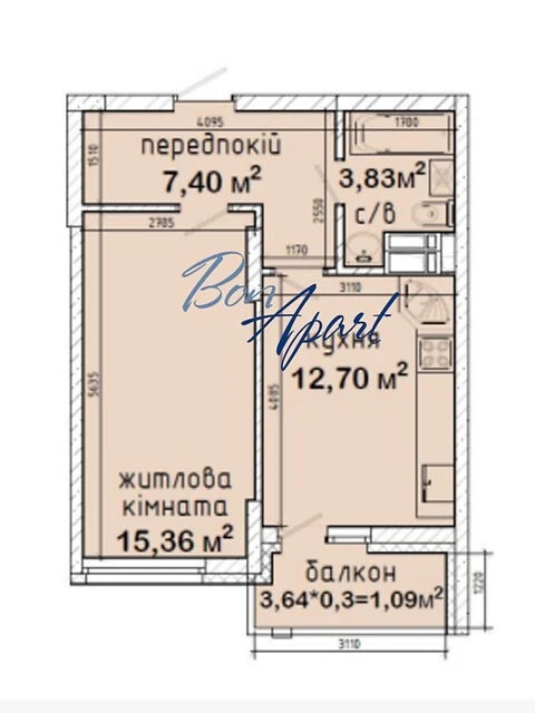 Продаж 1к квартири 40.38 кв. м на вул. Валерʼяна Підмогильно