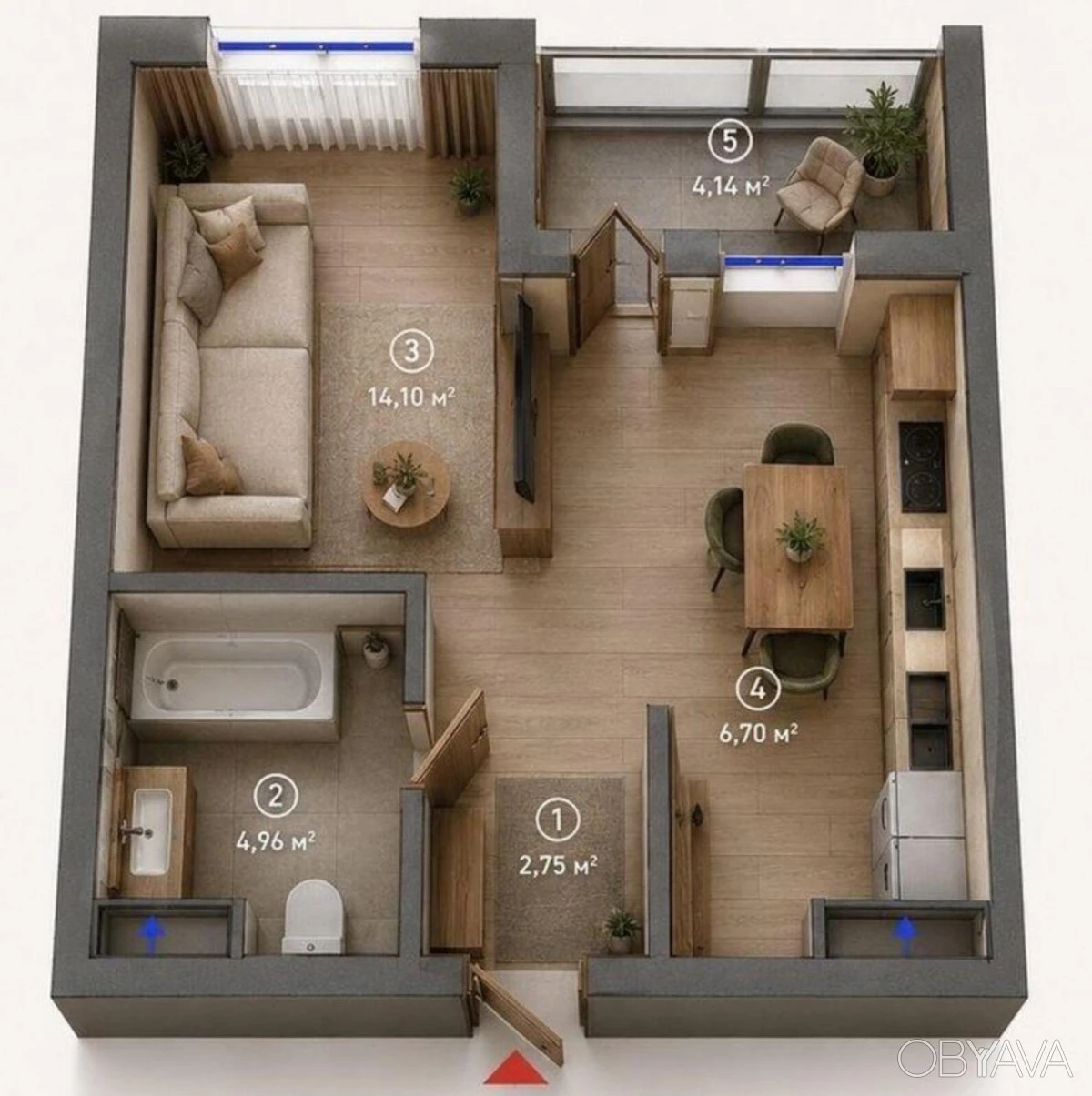 1-комнатная квартира, 32 кв.м