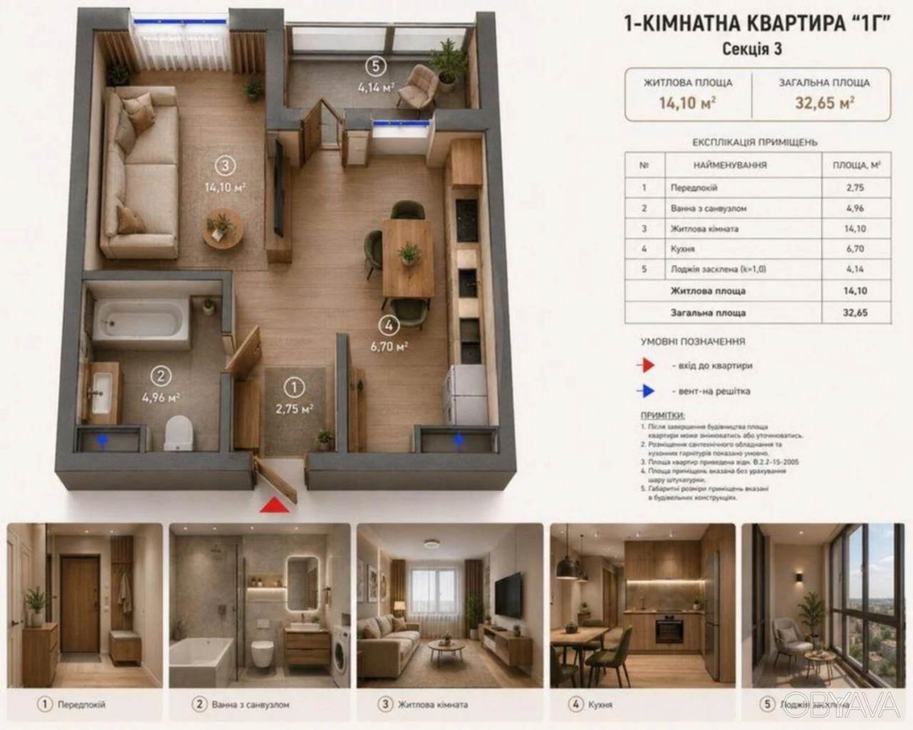 1-комнатная квартира, 32 кв.м
