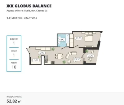 Продаж 1 кімнатної квартири ЖК Globus Balance вул. Садова 2