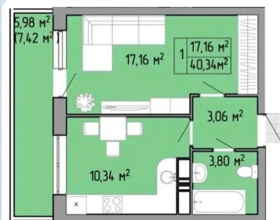 1 комнатная квартира в ЖК "Акварель 3" на Пышоновской, 492484