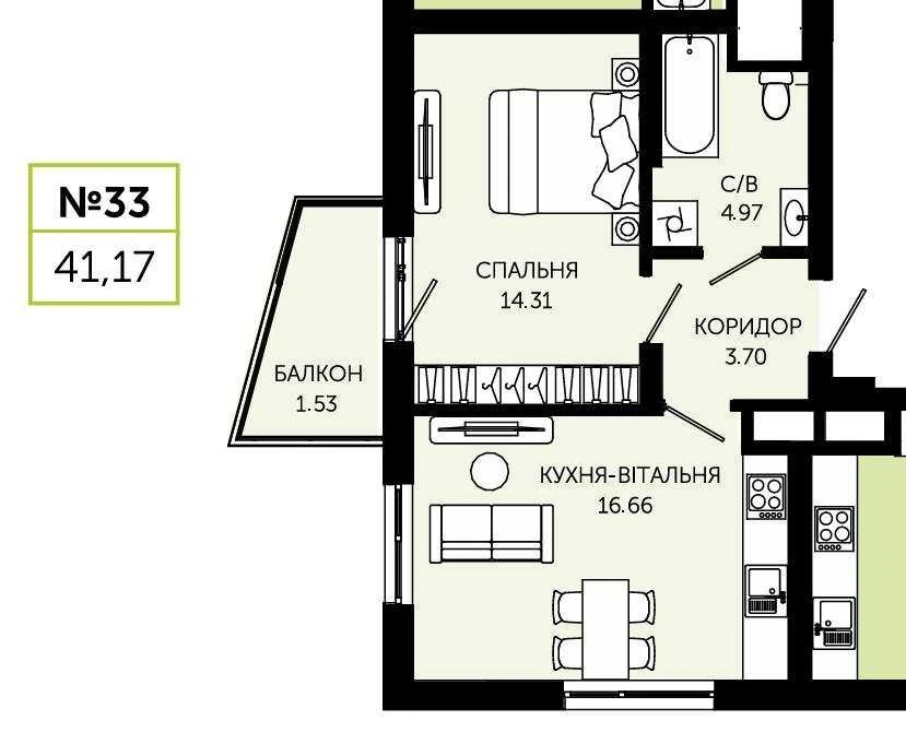 1-room apartment for sale in installments Viking Hills