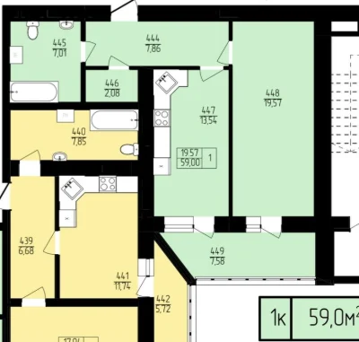 Продаж однокімнатна квартира в новобудові 59м² на 2 поверсі