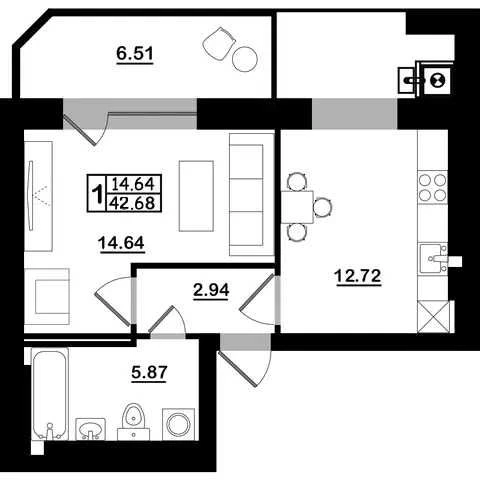 950$/м², 1-кім. кв 42,6 м² Величковського,64, Без комісії.