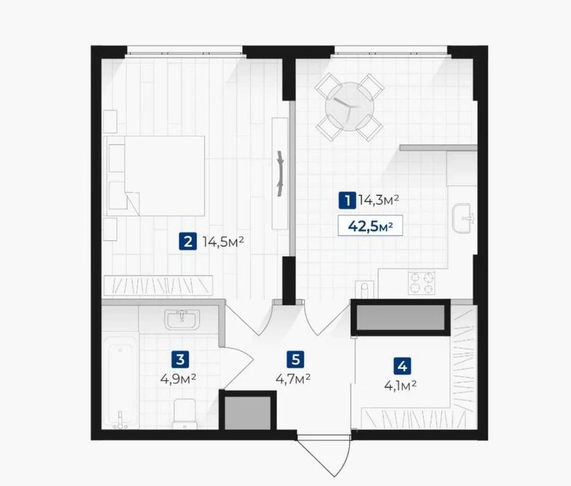 1 кімнатна квартира 42.5 м2 в ЖК Козацький_KD