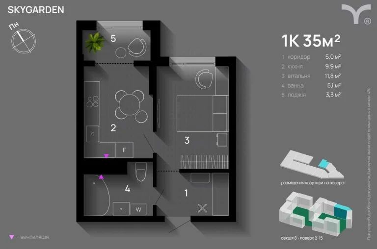 Повноцінна 1к квартира, 35 м2