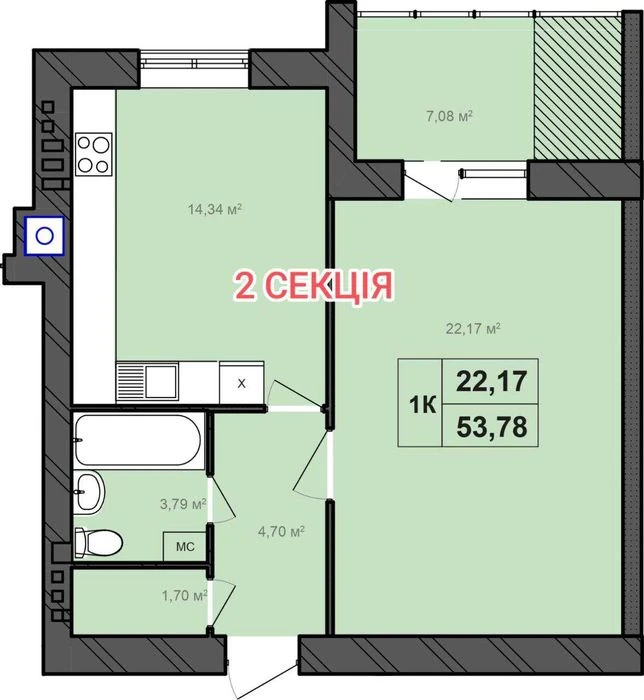 ID 39675 | 1к Виставка | ЖК «Бонвіль» | 49,37 м² | Панорамні