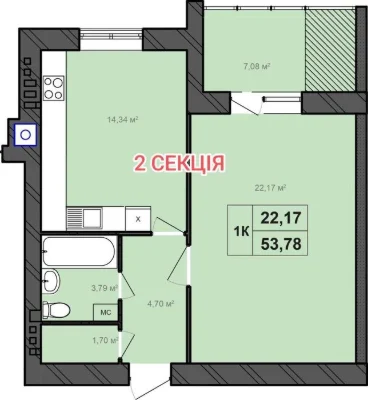 ID 39675 | 1к Виставка | ЖК «Бонвіль» | 49,37 м² | Панорамні