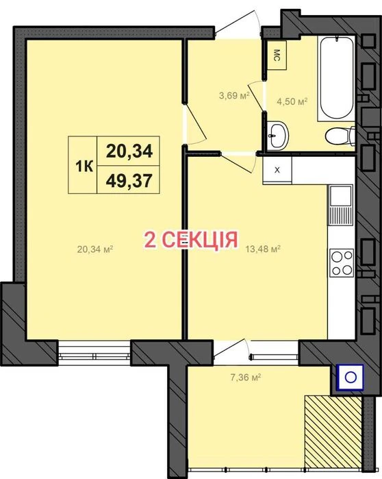 ID 39675 | 1к Виставка | ЖК «Бонвіль» | 49,37 м² | Панорамні