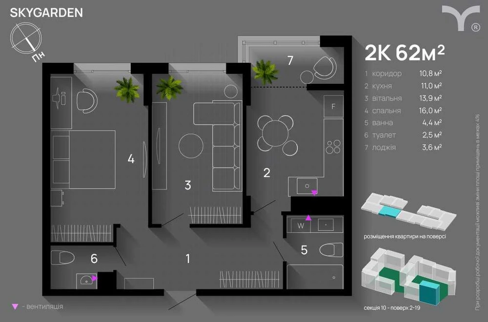 2-кімнатна біля центру SKYGARDEN