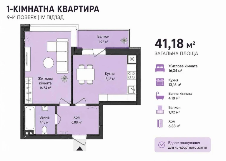 1-кімнатна квартира 41м² | 9 поверх | Готовий будинок