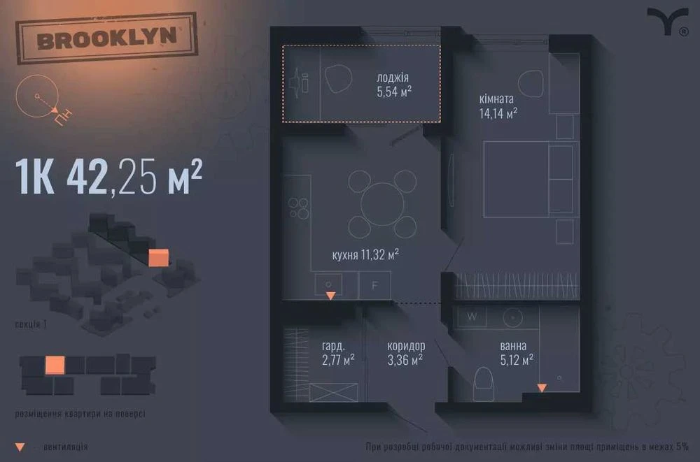 Продаж 1-кім квартири 42 м²  у новому ЖК BROOKLYN | 8 ПОВЕРХ