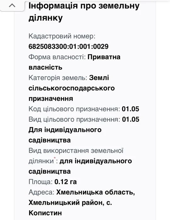 Продаж земельноі лілянки Копистин 6825083300:01:001:0029