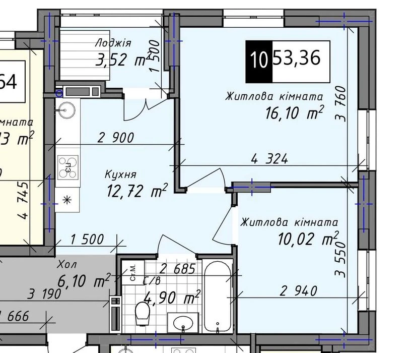 2К 54,3М² на Слобідці, 4/16 — РОЗСТРОЧКА до 48 місяців, перш