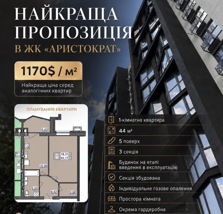 Найкраща пропозиція 1 кімнатна квартира ЖК Аристократ