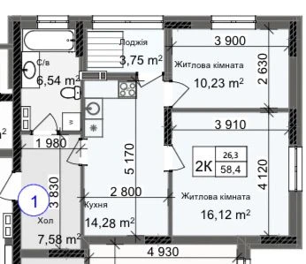* 2-кімнатна квартира 58,4 м², 10 поверх | Слобідка | Розстр