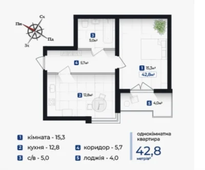 Однокімнатна квартира 42 м² біля парку та озера / Знижки для