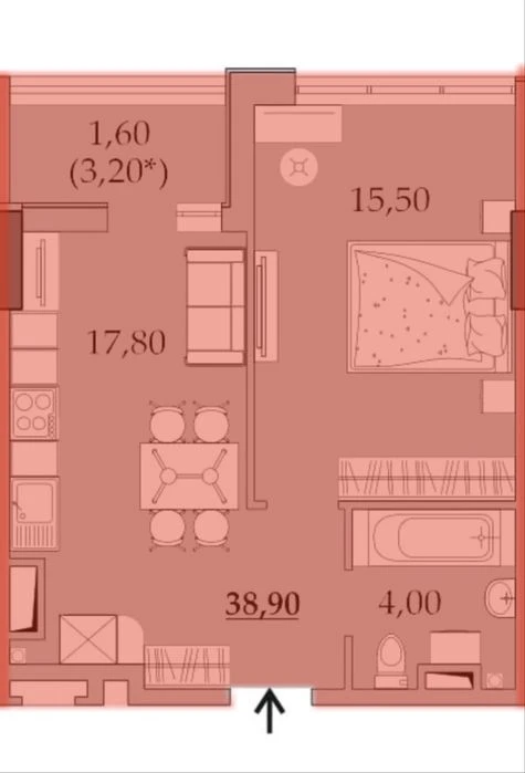 1-кімнатна квартира 38,9 м² на 14 поверсі | Таїровські сади